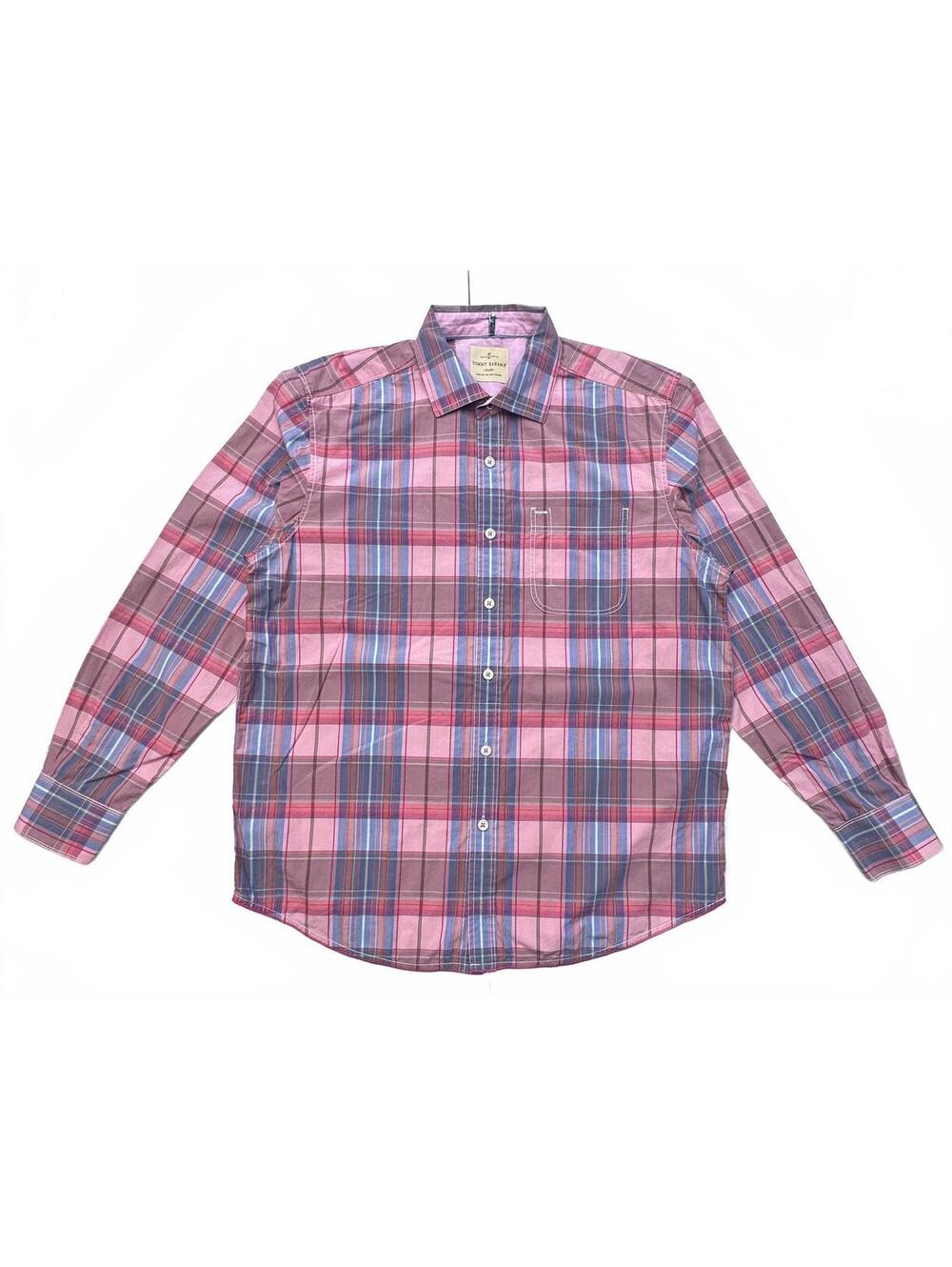 Tommy Bahama Men's Large Long Sleeve Plaid Cotton Shirt Pink Blue 100% Cotton